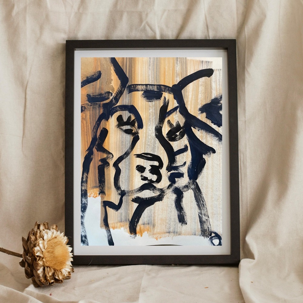 Abstract Dog Art Painting 8.5x11 Signed OMAN Modern Pet Portrait Minimalist